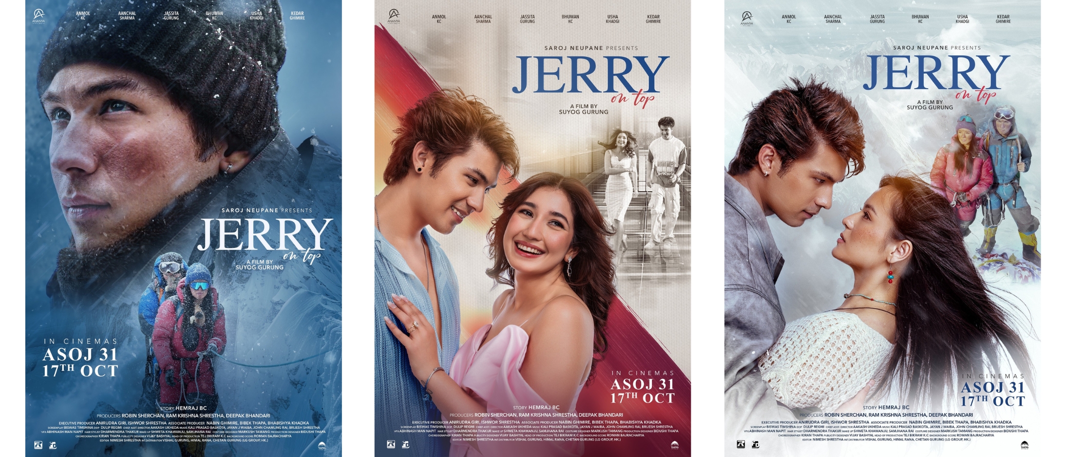 Poster of Nepali movie "Jerry On Top" featuring Anmol KC, Jassita Gurung, and Aanchal Sharma, releasing on Asoj 31, 2082 (October 17, 2025)