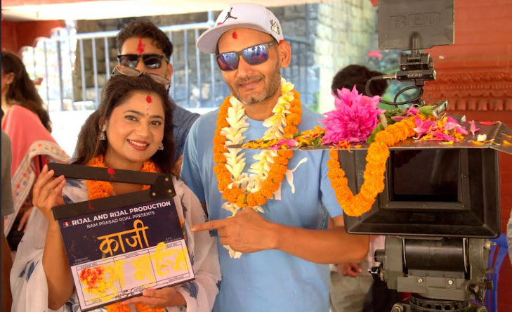 Filmmaker Laxman Rizal during the muhoorth ceremony of his comeback film Kaji at Dakshinkali Temple, featuring lead actors Bipin Karki, Keki Adhikari, and Garima Sharma.