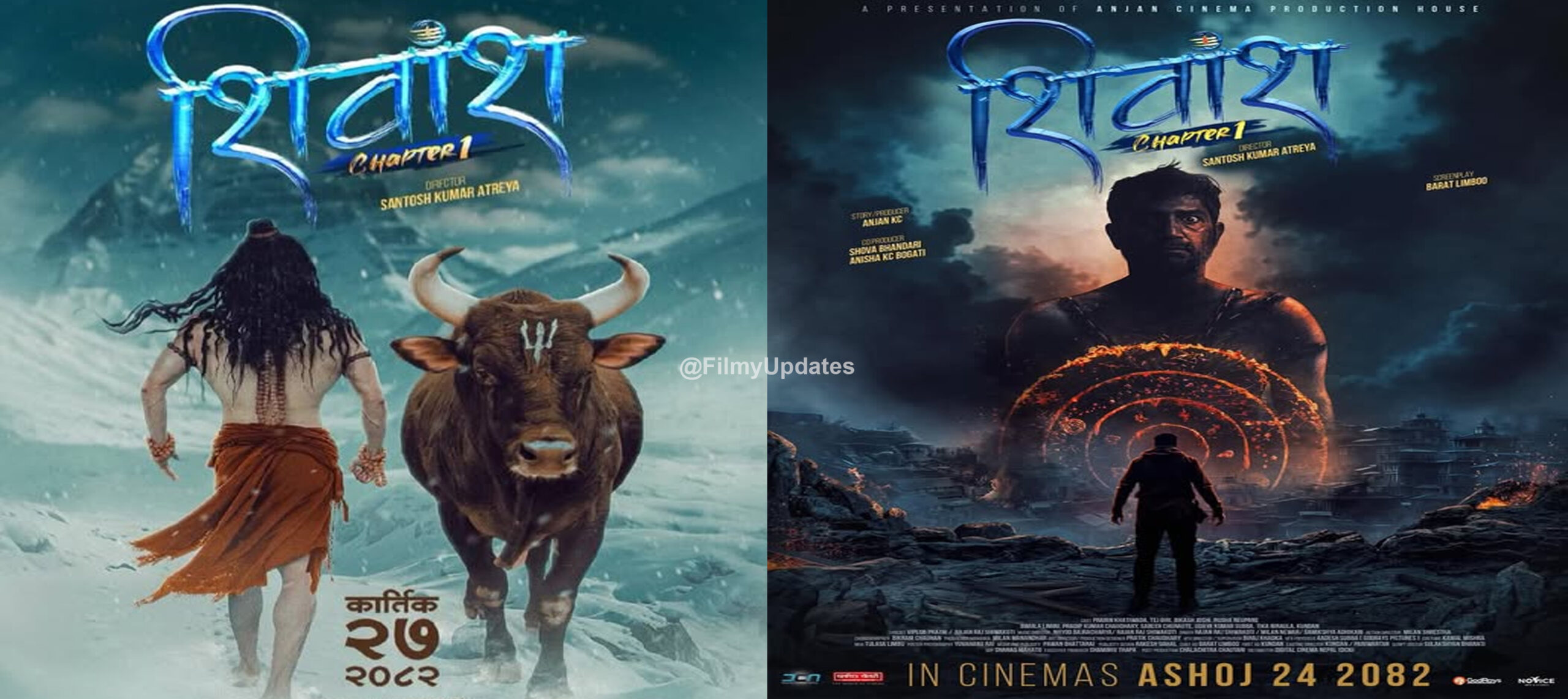 Poster of the Nepali movie Shivansh: Chapter-1 showing Lord Shiva climbing towards Mount Kailash with Nandi, the sacred bull, featuring a trident mark on Nandi’s forehead.
