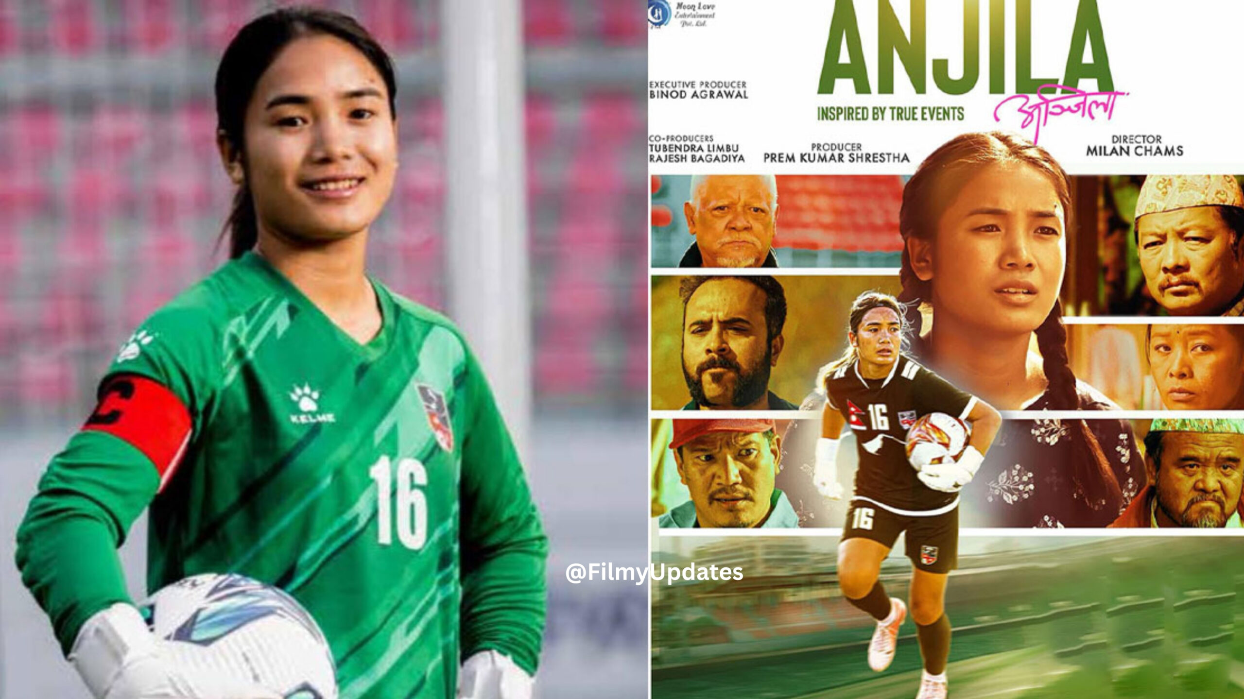 Poster of the Nepali movie Anjila, Nepal’s official entry for the Oscars 2026, directed by Milan Chams and based on goalkeeper Anjila Tumbapo Subba’s life.